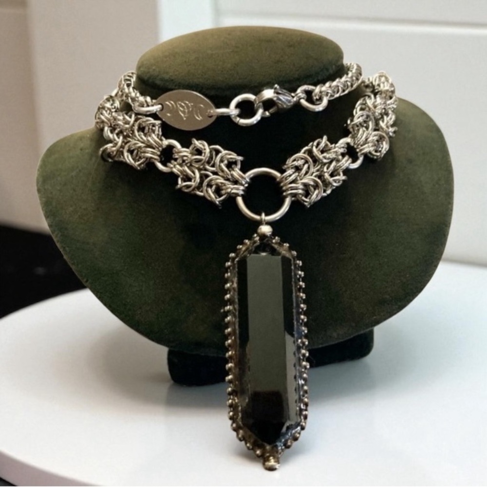 Handmade maille necklace big onyx crystal gemstone goth boho choker necklace .